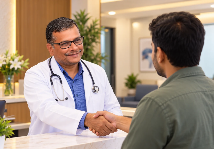 Dr. Kishor Kumar K Hullatti welcoming a patient at Sushrutha Piles Clinic, Jayanagar