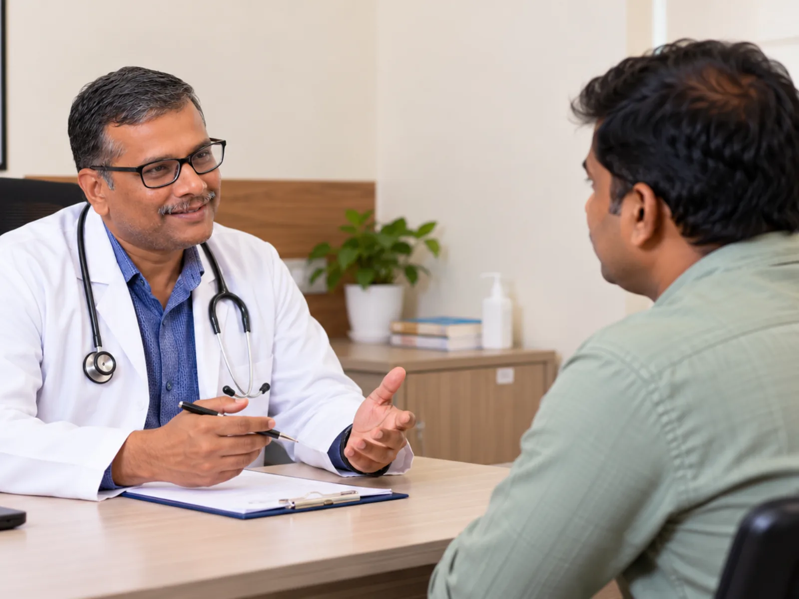 Dr. Kishor Kumar K Hullatti explaining treatment options to a patient
